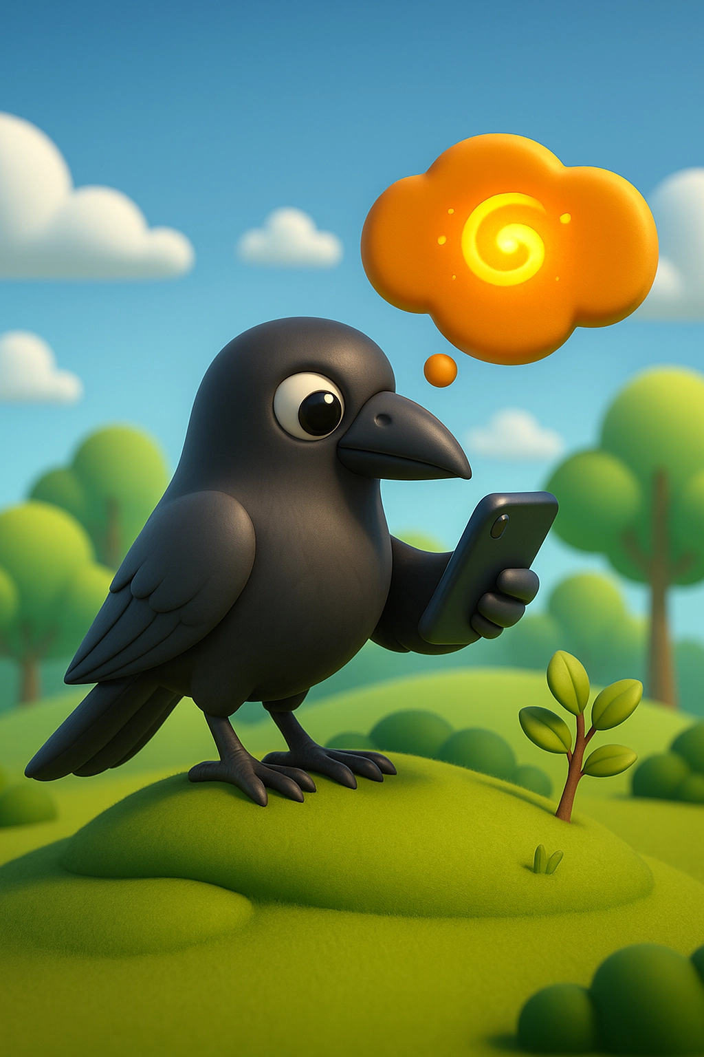 Crow reading mobile and imagining a story
